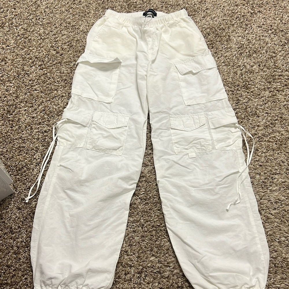 White parachute cargo pants